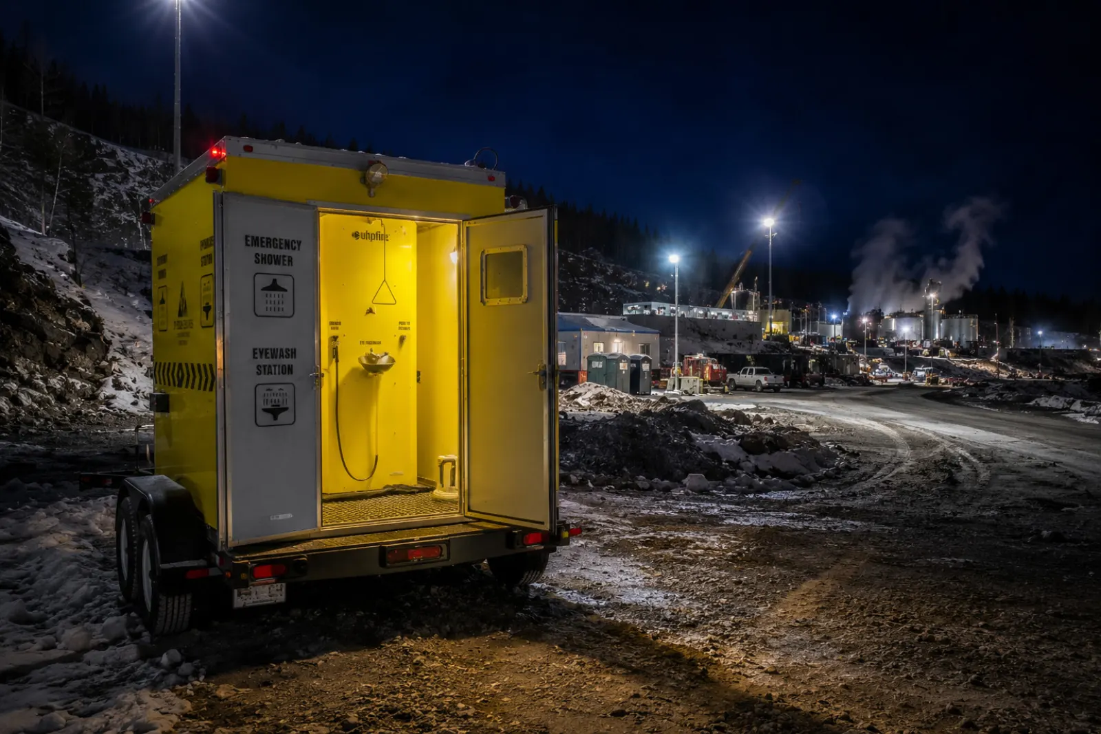 Heated emergency shower trailer operating on a northern site at night